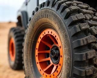 Detail shot van beadlock velgen en zandbanden